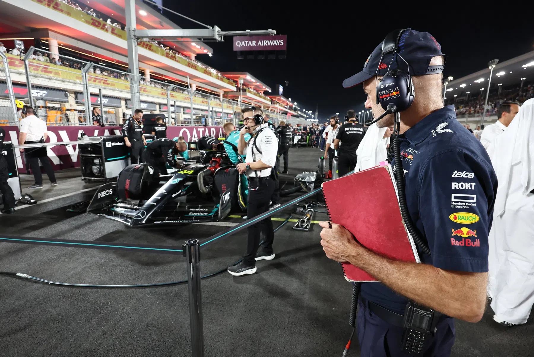 mechanic on adrian newey of red bull racing