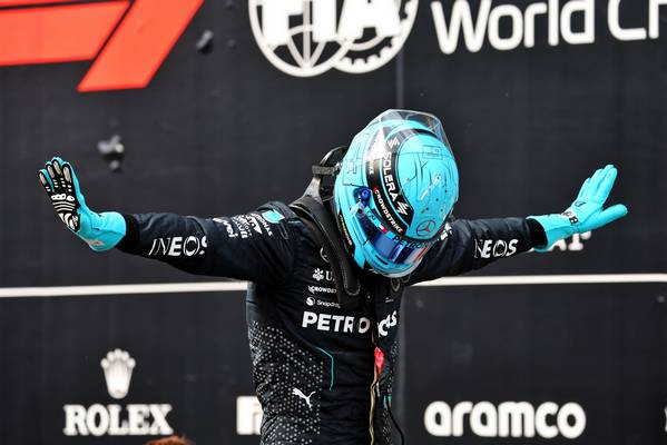 Russell does his iconic intro pose after securing pole in Canada 