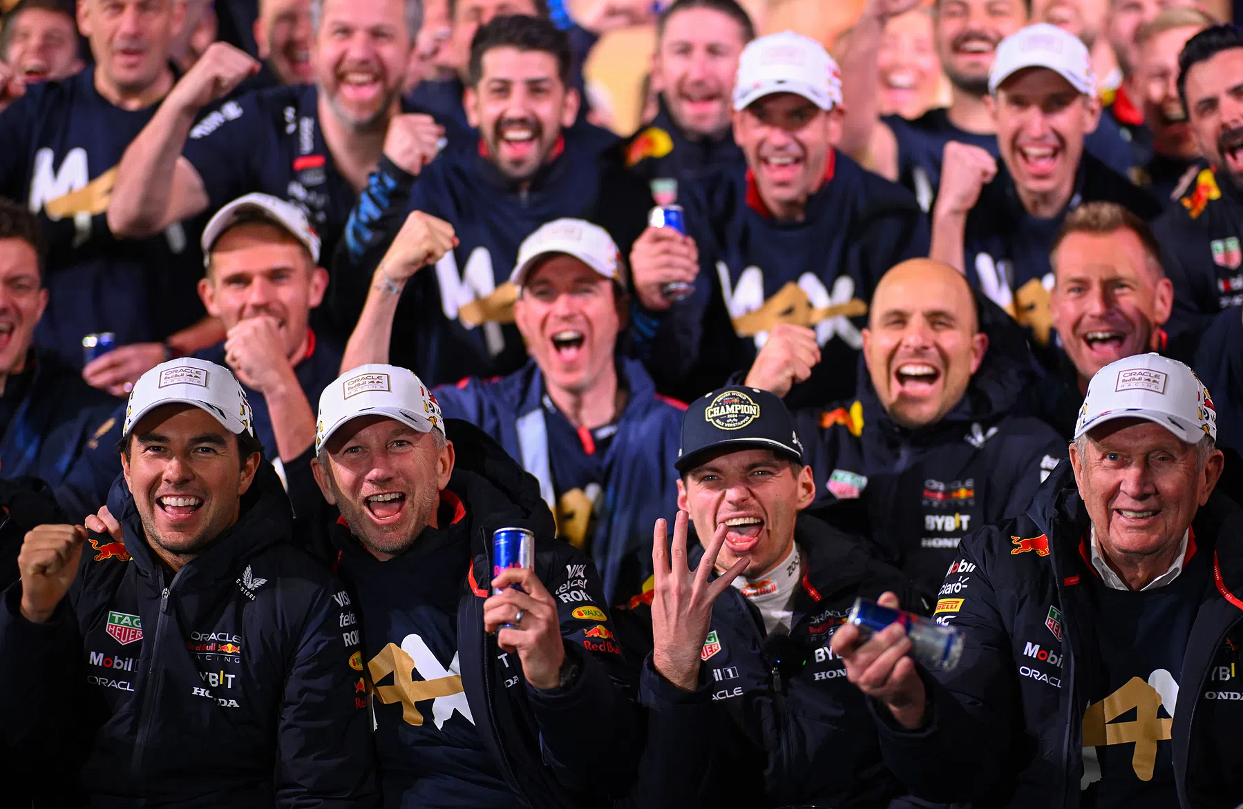 Red Bull share photo with max Verstappen, sergio Perez and christian Horner